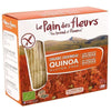 Le Pain des Fleurs Luomu Gluteeniton Näkkileipä Quinoa; rasia tekstillä "Le Pain des fleurs" luomukvinoanäkkileipää, gluteenitonta, 150 g; suorakulmainen rasia mattapinnalla, pääosin valkoinen ruskein ja vihrein korostuksin; etuosassa tyylitelty vuoristomaisemakuvitus, selkeä valokuva näkkileivästä lähellä oikeaa reunaa sekä monikielistä tekstiä lihavoiduin groteskikirjaimin; ei ihmisiä tai käsiä; neutraali tausta, studiokuvausasetelma. Pakkaus sisältää tuotetietoja useilla kielillä.