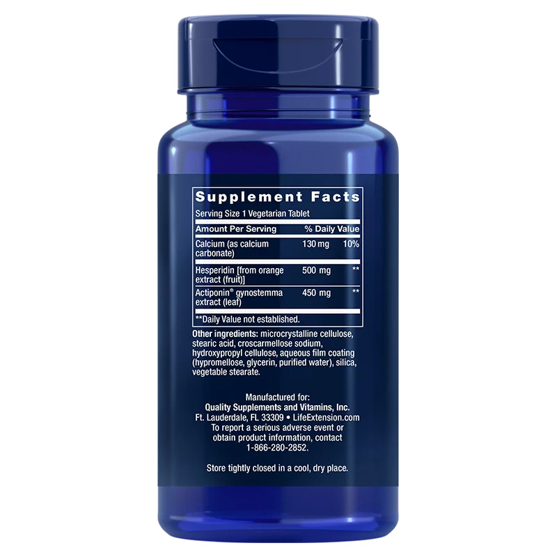 Life Extension AMPK Metabolic Activator; sininen, lieriön muotoinen ja kiiltäväpintainen muovipurkki valkoisella etiketillä; ravintosisältötiedot kalsiumista, hesperidiinistä ja ActiPhenistä sekä valmistajatiedot ja säilytysohje viileässä ja kuivassa paikassa; lihavoitu groteskiteksti; valkoinen studiotausta.