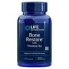 Life Extension Bone Restore with Vitamin K2; sininen muovipullo kiiltäväpinnalla, sylinterinmuotoinen ruuvikannella; etuetiketissä teksti "Life Extension Bone Restore with Vitamin K2", sisältää 120 kapselia; tämä muuntogeenitön ravintolisä sisältää edistyneen kalsiumkaavan luuston terveyden tueksi; etiketti groteskitekstiä sinisenä ja valkoisena mattapohjalla; pelkistetty vaalea studiotausta, ei ihmisiä tai käsiä kuvassa.