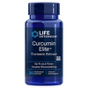 Life Extension Curcumin Elite; sininen pullo tekstillä "Life Extension Curcumin Elite Turmeric Extract", muotoiltu korkeaan biosaatavuuteen; sisältää 30 kasviskapselia, merkitty ravintolisäksi ja muuntogeenittömäksi; opaakki muovipullo kiiltäväpinnalla, sylinterinmuotoinen suorin kyljin ja tasaisella yläosalla sinisellä ruuvikorkilla; etiketti groteskikirjasinta sinisenä ja oranssina valkoisella pohjalla; studioasetelma pelkistetyllä valkoisella taustalla, ei ihmisiä tai käsiä kuvassa.