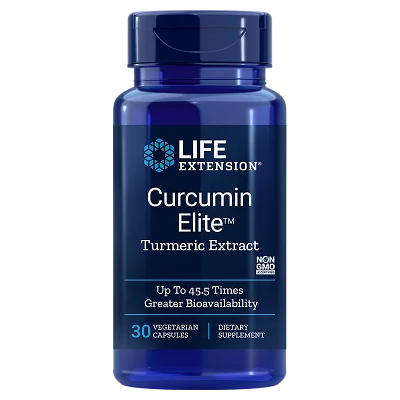 Life Extension Curcumin Elite; sininen pullo tekstillä "Life Extension Curcumin Elite Turmeric Extract", muotoiltu korkeaan biosaatavuuteen; sisältää 30 kasviskapselia, merkitty ravintolisäksi ja muuntogeenittömäksi; opaakki muovipullo kiiltäväpinnalla, sylinterinmuotoinen suorin kyljin ja tasaisella yläosalla sinisellä ruuvikorkilla; etiketti groteskikirjasinta sinisenä ja oranssina valkoisella pohjalla; studioasetelma pelkistetyllä valkoisella taustalla, ei ihmisiä tai käsiä kuvassa.