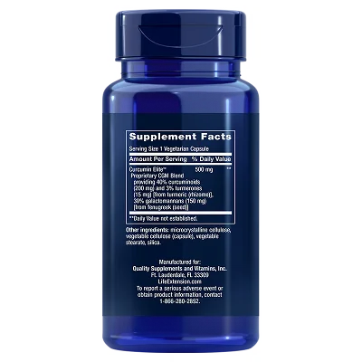 Life Extension Curcumin Elite; sininen ravintolisäpullo sylinterinmuotoisena, valkoinen mattaetiketti; etiketissä "Supplement Facts" ja tuotetietoja selkeällä valkoisella groteskitekstillä, sisältäen annoskoon, ainesosat, määrät ja valmistajan yhteystiedot; pelkistetty neutraali tausta, ei ihmisiä tai käsiä kuvassa.