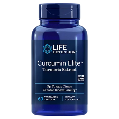 Life Extension Curcumin Elite; sininen pullo tekstillä "Life Extension Curcumin Elite Turmeric Extract", merkitty muuntogeenittömäksi, sisältää 60 kasviskapselia; tämä ravintolisä tarjoaa tehostetun kurkumauutteen jopa 45,5-kertaisella biosaatavuudella; pakkaus sylinterinmuotoinen ruuvikorkilla ja kiiltäväpinnalla, lihavoitu valkoinen ja keltainen teksti sinisellä etiketillä; pelkistetty valkoinen tausta, ei ihmisiä tai muita esineitä kuvassa.