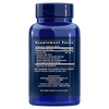 Life Extension Curcumin Elite; sininen ravintolisäpullo näyttää Ravintosisältö-etiketin ainesosatiedoin, annoskoolla ja valmistajan tiedoin painettuna valkoisella pullon takaosaan; muovipullo sylinterinmuotoinen mattapinnalla ja yhteensopivalla sinisellä korkilla; yksinkertainen groteskityyppografia etiketissä; tuote kuvattu yksin pelkistetyllä taustalla lähikuvassa.