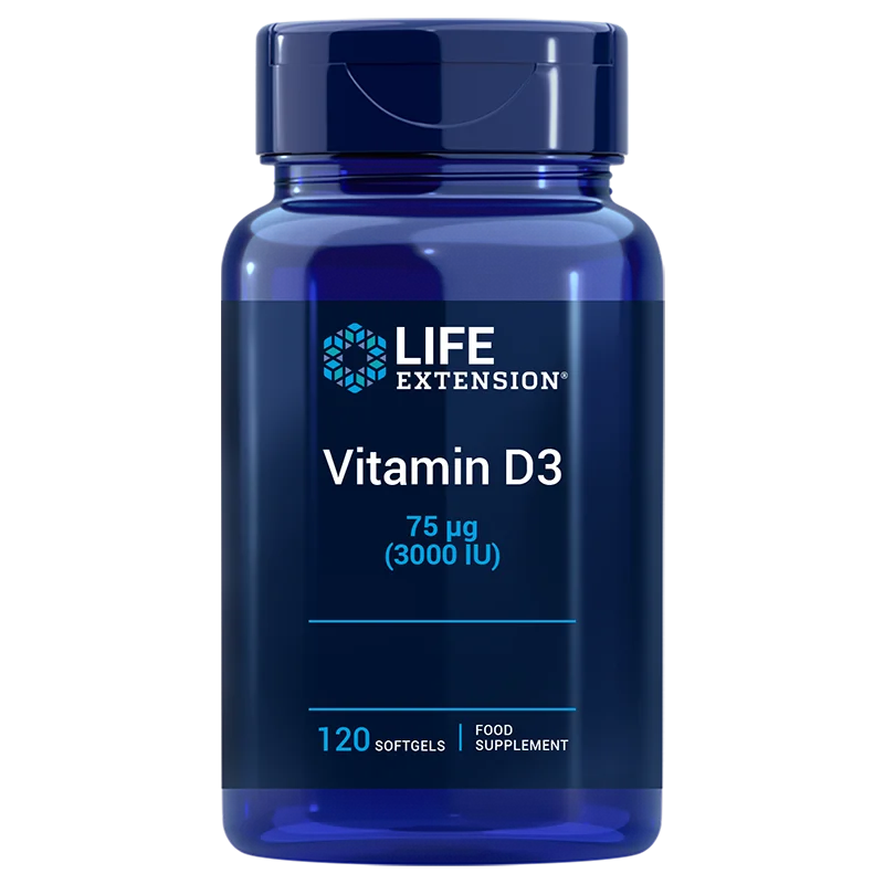 Life Extension Vitamin D3 75 mikrog; sininen muovipullo kiiltäväpinnalla, sylinterinmuotoinen yhteensopivalla sinisellä korkilla; valkoisessa etiketissä tummansininen ja vaaleansininen selkeä groteskiteksti: "Life Extension Vitamin D3, 75 µg (3000 IU), 120 softgeliä, ravintolisä"; tuote kuvattu pelkistetyllä valkoisella taustalla, ei ihmisiä tai rekvisiittaa kuvassa.