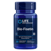 Life Extension Bio-Fisetin; sininen pullo kiiltäväpintaisena ja lieriön muotoisena; modernit groteskifontit listaavat "non-GMO", "gluten-free", "30 vegetarian capsules" sekä maininnan jopa 25 kertaa suuremmasta biosaatavuudesta; valkoinen tausta, ei ihmisiä tai muita esineitä.