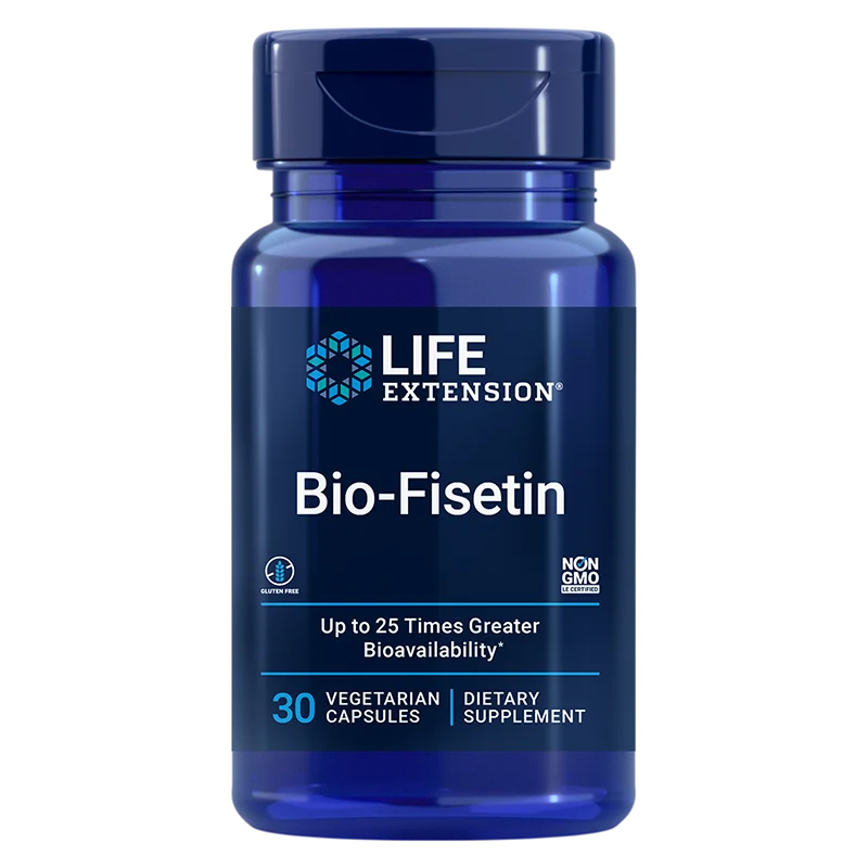 Life Extension Bio-Fisetin; sininen pullo kiiltäväpintaisena ja lieriön muotoisena; modernit groteskifontit listaavat "non-GMO", "gluten-free", "30 vegetarian capsules" sekä maininnan jopa 25 kertaa suuremmasta biosaatavuudesta; valkoinen tausta, ei ihmisiä tai muita esineitä.