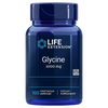 Life Extension Glycine; sininen, lieriön muotoinen ja mattapintainen muovipurkki valkoisella kierrekorkilla; lihavoitu groteskiteksti "Life Extension Glycine 1000 mg" sekä maininta 100 non-GMO-vegetaarisesta kapselista; valkoinen tausta.
