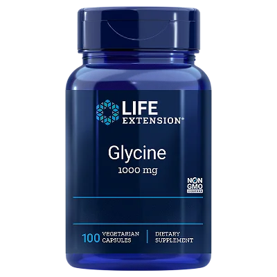 Life Extension Glycine; sininen, lieriön muotoinen ja mattapintainen muovipurkki valkoisella kierrekorkilla; lihavoitu groteskiteksti "Life Extension Glycine 1000 mg" sekä maininta 100 non-GMO-vegetaarisesta kapselista; valkoinen tausta.