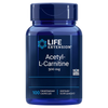 Life Extension Acetyl-L-Carnitine; sininen pullo tekstillä "Life Extension Acetyl-L-Carnitine 500 mg", sisältää 100 kasviskapselia; muovipullo mattapinnalla, sylinterinmuotoinen tummansinisellä ruuvikorkilla; painettu etiketti käyttää groteskikirjasinta, luettelee muuntogeenittömyyden, ravintolisästatuksen ja kasviskapselit; pelkistetty studiotausta, ei ihmisiä kuvassa.