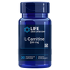 Life Extension L-Carnitine; sininen, kiiltäväpintainen muovipurkki lieriön muotoisena ja kierrekorkillisena; valkoisessa etiketissä sinistä ja mustaa tekstiä: "Life Extension L-Carnitine 500 mg", "30 vegetarian capsules", "Dietary Supplement", "Non-GMO".