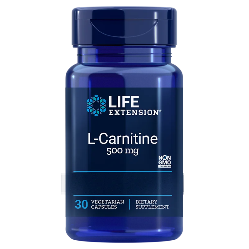 Life Extension L-Carnitine; sininen, kiiltäväpintainen muovipurkki lieriön muotoisena ja kierrekorkillisena; valkoisessa etiketissä sinistä ja mustaa tekstiä: "Life Extension L-Carnitine 500 mg", "30 vegetarian capsules", "Dietary Supplement", "Non-GMO".
