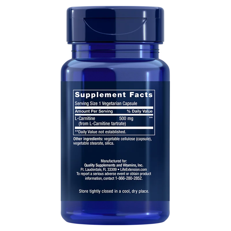 Life Extension L-Carnitine; sininen muovipurkki, jossa valkoinen, mattapintainen etiketti; lieriön muotoinen ja kierrekorkillinen; etiketin mustassa tekstissä ravintosisältötiedot L-Carnitine 500 mg -kapseleille sekä ainesosat ja valmistajan tiedot.