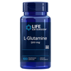 Life Extension L-Glutamine; sininen muovipullo kiiltäväpintaisena pystyssä, lieriön muotoinen uritetulla kierrekorkilla; etiketissä "L-Glutamine 500 mg, 100 vegetarian capsules, non-GMO certified dietary supplement"; groteskitekstiä eri kokoina ja painoina; valkoinen tausta, ei ihmisiä tai käsiä.