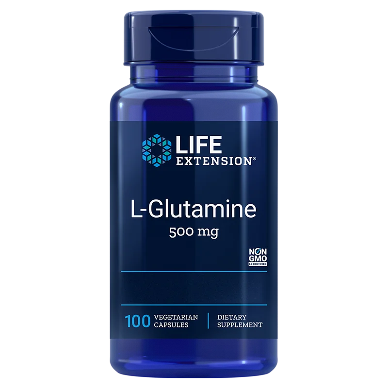 Life Extension L-Glutamine; sininen muovipullo kiiltäväpintaisena pystyssä, lieriön muotoinen uritetulla kierrekorkilla; etiketissä "L-Glutamine 500 mg, 100 vegetarian capsules, non-GMO certified dietary supplement"; groteskitekstiä eri kokoina ja painoina; valkoinen tausta, ei ihmisiä tai käsiä.