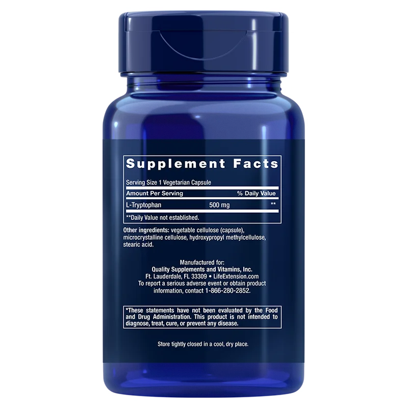 Life Extension L-Tryptophan; sininen muovinen ravintolisäpullo sylinterinmuotoisena kiiltäväpinnalla ja ruuvikorkilla; etiketissä valkoinen pohja tummansinisellä ja mustalla groteskitekstillä, luetellen 500 mg L-tryptofaania kapselia kohden, pääainesosa lihavoitu; pienempi teksti näyttää muut ainesosat ja FDA-huomautuksen; pelkistetty valkoinen studiotausta, ei ihmisiä tai käsiä kuvassa.