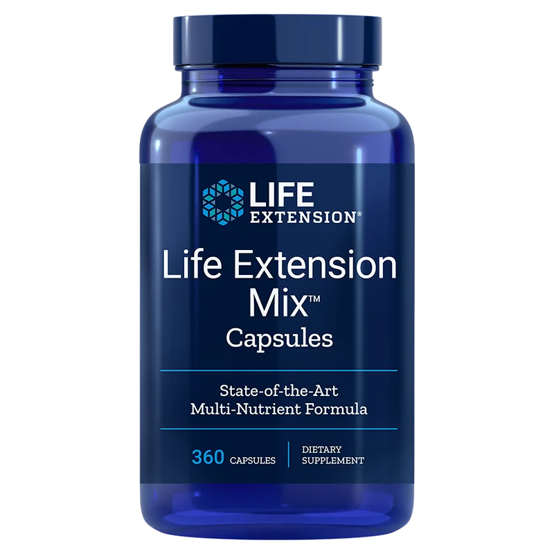 Life Extension Mix Capsules; sininen, lieriön muotoinen ja kiiltäväpintainen muovipurkki; valkoisessa etiketissä sinistä ja mustaa groteskitekstiä "Life Extension Mix Capsules", "state-of-the-art multi-nutrient formula" ja "360 capsules"; valkoinen tausta.