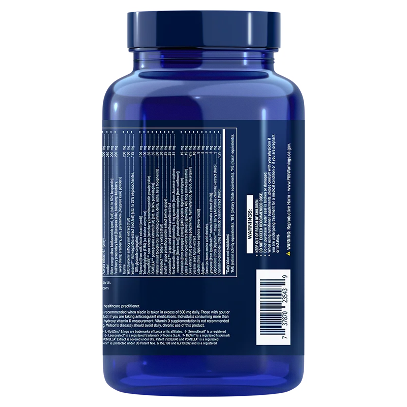 Life Extension Mix Capsules; sininen, lieriön muotoinen ja kiiltäväpintainen muovipurkki tummansinisellä korkilla; etiketissä ravintosisältötiedot, ainesosat, varoitukset ja viivakoodi valkoisella pohjalla eri kokoisin groteskitekstein; valkoinen studiotausta.