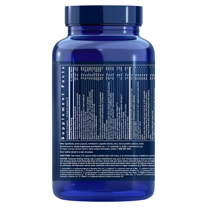 Life Extension Mix Capsules; sininen, lieriön muotoinen ja kiiltäväpintainen muovipurkki sinisellä kierrekorkilla; ympärikietoutuva valkoinen etiketti pienellä mustalla tekstillä ravintosisältötiedoista ja ainesosista; valkoinen tausta, purkki pystyssä.