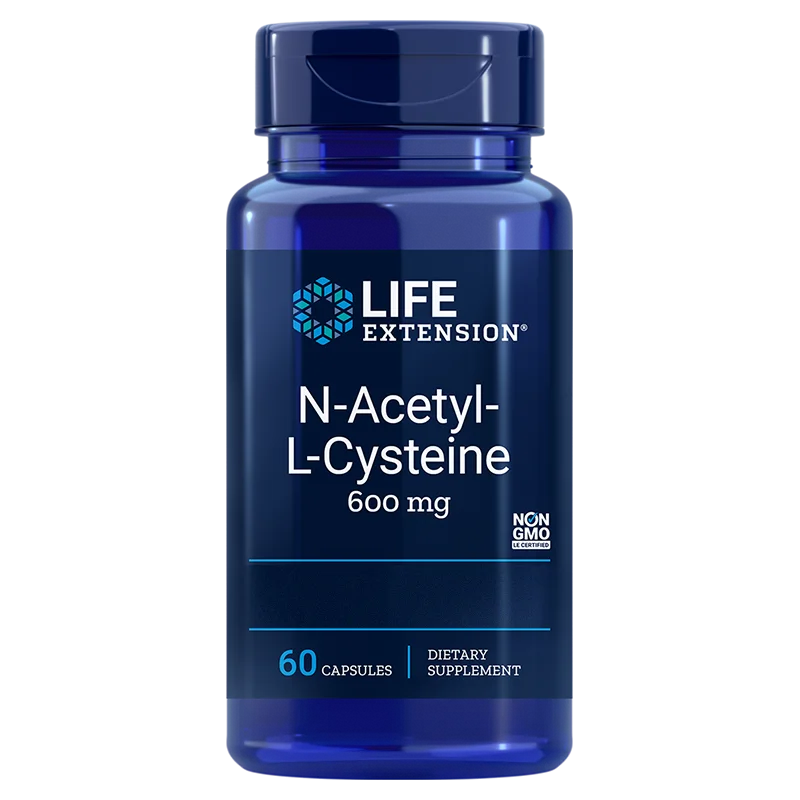 Life Extension N-Acetyl-L-Cysteine; sininen muovipullo tekstillä "Life Extension N-Acetyl-L-Cysteine 600 mg", sisältää 60 kapselia, muuntogeenitön ravintolisä yleisen hyvinvoinnin tueksi; pullon pinta kiiltäväpintainen, sylinterinmuotoinen ruuvikorkilla; etikettityyppografia lihavoitua groteskia valkoisena ja sinisenä; tuote kuvattu pelkistetyllä valkoisella taustalla, ei ihmisiä tai käsiä kuvassa.