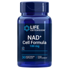 Life Extension NAD+ Cell Formula 100 mg; sininen muovipullo, 100 mg, 30 kasviperäistä kapselia; lieriön muotoinen kiiltäväpintainen kierrekorkillinen pullo; lihavoitua valkoista ja keltaista groteskitekstiä sinisellä pohjalla; etiketissä maininta gluteenittomuudesta, ravintolisästä ja solujen terveyden tukemisesta; vaalea studiotausta, ei ihmisiä tai käsiä.
