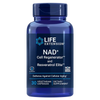 Life Extension NAD+ Cell Regenerator and Resveratrol Elite; sininen, lieriön muotoinen muovipullo mattapintaisella kierrekorkilla; kiiltäväpintainen valkois-sininen etiketti selkeällä mustalla groteski- ja lihavoidulla fontilla tuotenimessä; teksti "30 vegetarian capsules, cellular defense, non-GMO, gluten-free"; ei ihmisiä tai taustaelementtejä, studiokuva.