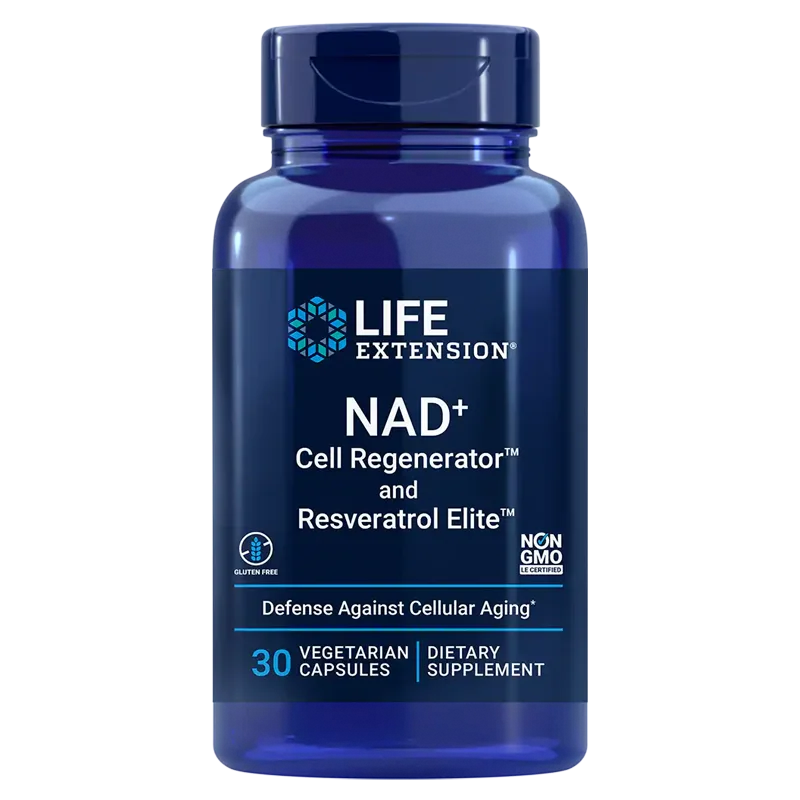 Life Extension NAD+ Cell Regenerator and Resveratrol Elite; sininen, lieriön muotoinen muovipullo mattapintaisella kierrekorkilla; kiiltäväpintainen valkois-sininen etiketti selkeällä mustalla groteski- ja lihavoidulla fontilla tuotenimessä; teksti "30 vegetarian capsules, cellular defense, non-GMO, gluten-free"; ei ihmisiä tai taustaelementtejä, studiokuva.