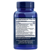 Life Extension NAD+ Cell Regenerator and Resveratrol Elite; sininen, lieriön muotoinen muovipullo kiiltäväpintaisena valkoisella etiketillä; musta groteskiteksti otsikolla "Supplement Facts" listaa ainesosat kuten Niageni ja resveratroli annosmäärineen; valmistaja- ja yhteystiedot etiketissä; ei ihmisiä tai käsiä, neutraali tausta.
