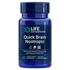 Life Extension Quick Brain Nootropic; sininen muovipullo mattapinnalla ruuvikorkilla, valkoinen lohko- ja lihavoitu groteskiteksti; etiketti näyttää tuotenimen, ravintolisätyypin, 30 kasviskapselia, muuntogeenittömyys- ja gluteenittomuustiedot sekä ohjeen "1 kapseli päivässä"; kuvattu pelkistetyllä taustalla ilman ihmisiä tai rekvisiittaa; sininen pullo tukee tehostettua hermostollista suorituskykyä muuntogeenittömällä ja gluteenittomalla kaavalla.