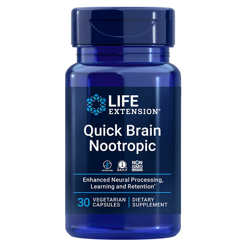 Life Extension Quick Brain Nootropic; sininen muovipullo mattapinnalla ruuvikorkilla, valkoinen lohko- ja lihavoitu groteskiteksti; etiketti näyttää tuotenimen, ravintolisätyypin, 30 kasviskapselia, muuntogeenittömyys- ja gluteenittomuustiedot sekä ohjeen "1 kapseli päivässä"; kuvattu pelkistetyllä taustalla ilman ihmisiä tai rekvisiittaa; sininen pullo tukee tehostettua hermostollista suorituskykyä muuntogeenittömällä ja gluteenittomalla kaavalla.