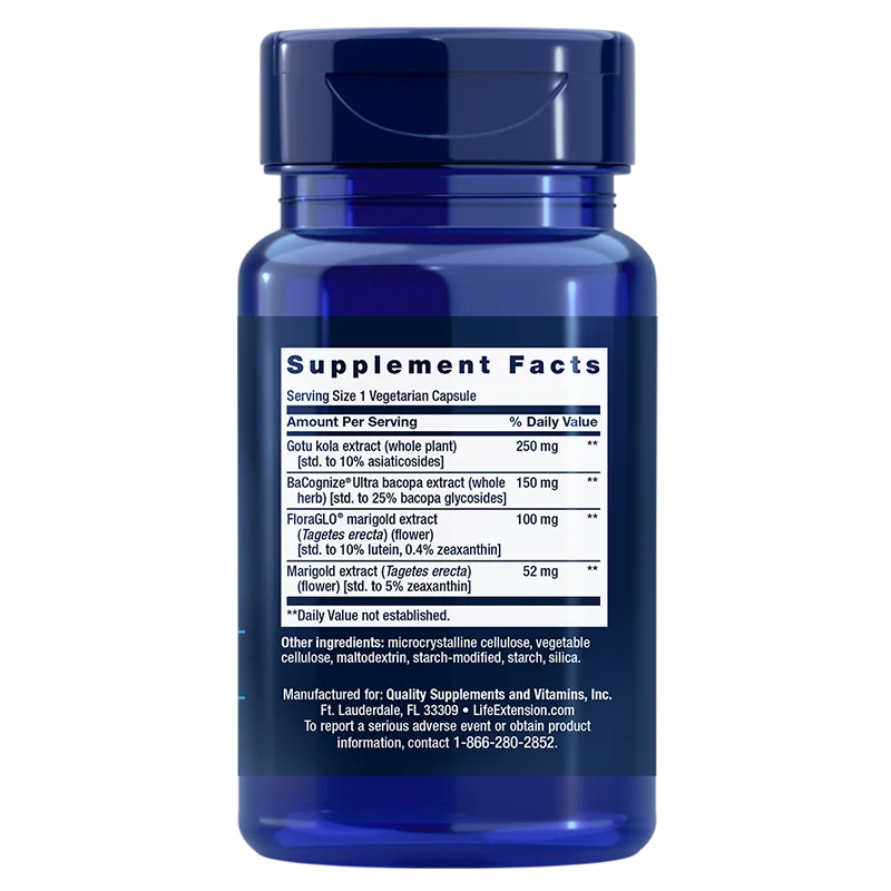 Life Extension Quick Brain Nootropic; sininen pullo valkoisella Ravintosisältö-etiketillä yksityiskohtineen sisällöstä kuten goji, bakopa, samettikukka ja astaksantiiniuutteet; etiketti listaa annoskoon, määrät, ainesosat kuten bakopauutteen sekä valmistajan yhteystiedot; pullo sylinterinmuotoinen mattapinnalla ilman näkyviä korkin yksityiskohtia; groteskiteksti etiketissä; pelkistetty tausta ilman muita esineitä tai ihmisiä, keskikokoinen lähikuva.
