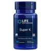 Life Extension Super K; sininen pullo tekstillä "Life Extension Super K", sisältää 90 softgeliä; pullo sylinterinmuotoinen ruuvikorkilla kiiltäväpintaisena muovina; etiketti valkoisin ja sinisin sävyin selkeällä groteskityyppografialla, päätekstit lihavoitu korostukseksi; etiketissä teksti "Two Forms of K2 Plus K1", "1 daily", "Non-GMO", "Dietary Supplement"; ei ihmisiä tai muita esineitä kuvassa, pelkistetty vaalea tausta; tämä ravintolisä tarjoaa olennaiset K-vitamiinimuodot päivittäiseen hyvinvointiin.