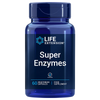 Life Extension Super Enzymes; sininen muovipullo kiiltäväpinnalla, sylinterinmuotoinen ruuvikorkilla, pystyssä; etiketissä "Life Extension Super Enzymes" lihavoidulla groteskitekstillä sekä tiedot 60 gluteenittomasta kasviskapselista ruoansulatuksen terveyden tueksi; pelkistetty valkoinen tausta, ei ihmisiä tai käsiä kuvassa; ravintolisä tukee ruoansulatuksen terveyttä.