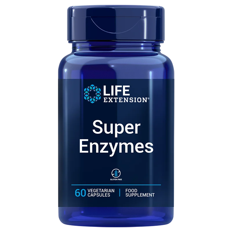 Life Extension Super Enzymes; sininen muovipullo kiiltäväpinnalla, sylinterinmuotoinen ruuvikorkilla, pystyssä; etiketissä "Life Extension Super Enzymes" lihavoidulla groteskitekstillä sekä tiedot 60 gluteenittomasta kasviskapselista ruoansulatuksen terveyden tueksi; pelkistetty valkoinen tausta, ei ihmisiä tai käsiä kuvassa; ravintolisä tukee ruoansulatuksen terveyttä.