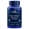 Life Extension Super Omega-3; sininen pullo Life Extension Super Omega-3 -ravintolisää EPA/DHA-kalaöljyllä, seesamlignaaneilla ja oliiviuutteella; etiketti korostaa 120 enterokapseloitua softgeliä pitkälle kehitetyllä kalaöljyllä, sopii herkälle vatsalle ja on muuntogeenitön; muovipullo kiiltäväetiketillä, valkoinen korkki, lihavoitu groteskikirjasin etuetiketissä; studiokuva pelkistetyllä taustalla, ei ihmisiä tai käsiä kuvassa.