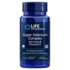 Life Extension Super Selenium Complex & Vitamin E; sininen, lieriön muotoinen ja mattapintainen muovipurkki kierrekorkilla; lihavoitu valkoinen ja sininen groteskiteksti tuotenimestä ja annostuksesta, sisältää 200 mcg seleeniä ja 100 vegetaarista kapselia; valkoinen tausta.