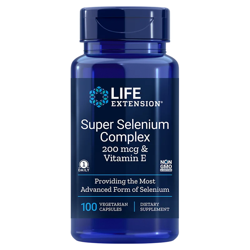Life Extension Super Selenium Complex & Vitamin E; sininen, lieriön muotoinen ja mattapintainen muovipurkki kierrekorkilla; lihavoitu valkoinen ja sininen groteskiteksti tuotenimestä ja annostuksesta, sisältää 200 mcg seleeniä ja 100 vegetaarista kapselia; valkoinen tausta.