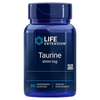 Life Extension Taurine 1000 mg; sininen, lieriön muotoinen ja kiiltäväpintainen muovipurkki tummalla kierrekorkilla; valkoista ja sinistä lihavoitua groteskitekstiä "Life Extension Taurine 1000 mg" sekä pienempää tekstiä 90 vegetaarisesta kapselista, non-GMO ja pitkäikäisyyden tueksi; valkoinen tausta.