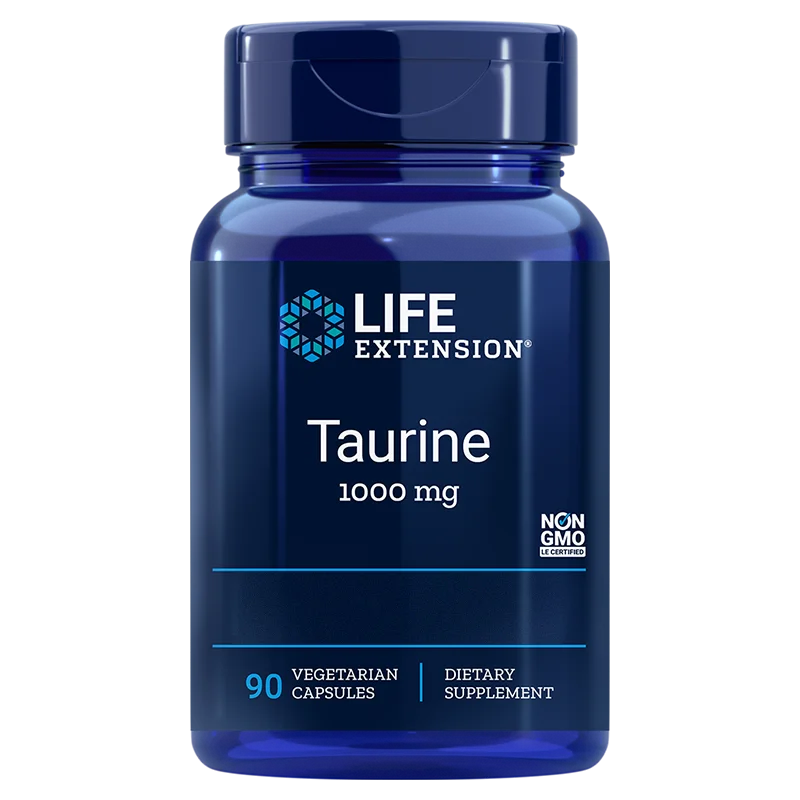 Life Extension Taurine 1000 mg; sininen, lieriön muotoinen ja kiiltäväpintainen muovipurkki tummalla kierrekorkilla; valkoista ja sinistä lihavoitua groteskitekstiä "Life Extension Taurine 1000 mg" sekä pienempää tekstiä 90 vegetaarisesta kapselista, non-GMO ja pitkäikäisyyden tueksi; valkoinen tausta.