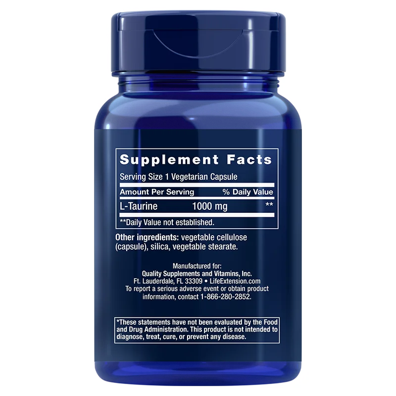 Life Extension Taurine 1000 mg; sininen, lieriön muotoinen ja mattapintainen muovipurkki; etiketissä groteskitekstiä, ravintosisältötiedot 1000 mg L-tauriinia vegetaarista kapselia kohti sekä FDA-arviointia koskeva huomautus alareunassa; tausta neutraali.