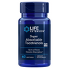 Life Extension Super Absorbable Tocotrienols; sininen, läpinäkymätön ja kiiltäväpintainen muovipurkki lieriön muotoisena sinisellä kierrekannella; valkoisella pohjalla sinistä ja mustaa groteskitekstiä, joka mainitsee 60 pehmeäkapselia, non-GMO ja jopa kolminkertaisen imeytymisen; studiotausta.