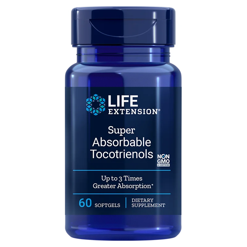 Life Extension Super Absorbable Tocotrienols; sininen, läpinäkymätön ja kiiltäväpintainen muovipurkki lieriön muotoisena sinisellä kierrekannella; valkoisella pohjalla sinistä ja mustaa groteskitekstiä, joka mainitsee 60 pehmeäkapselia, non-GMO ja jopa kolminkertaisen imeytymisen; studiotausta.
