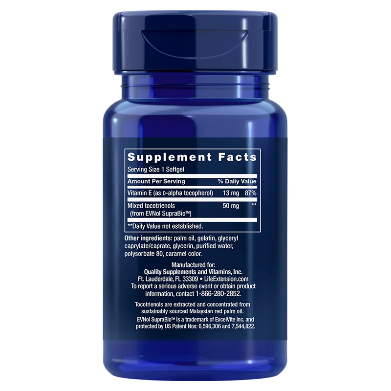 Life Extension Super Absorbable Tocotrienols; sininen, lieriön muotoinen ja kiiltäväpintainen muovipurkki kierrekorkilla; valkoisessa etiketissä mustaa groteskitekstiä, ravintosisältötiedot E-vitamiinista ja sekoitetuista tokotrienoleista sekä valmistajan tiedot; valkoinen tausta.