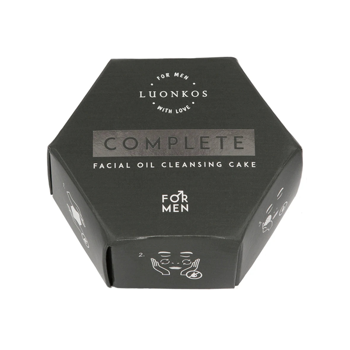 Luonkos Complete Facial Oil Cleansing Cake For Men; kuusikulmainen musta rasia, jossa yksinkertaisia kasvojenpuhdistuskuvituksia kyljessä; rasia mattapintaista pahvia, kauttaaltaan mustaa pintaa, valkoista keskitettyä groteskitekstiä etusivulla; puhtaan geometrinen pakkaus kuvattu vaalealla taustalla, ei ihmisiä tai rekvisiittaa.