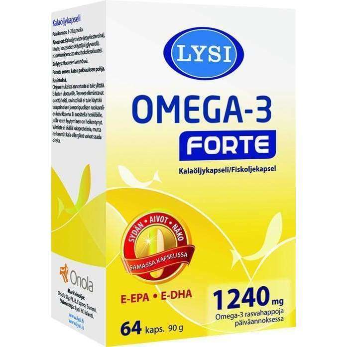 Lysi Omega-3 Forte -kalaöljykapselien pakkaus, keltainen-valkoinen suorakaiteen muotoinen rasia, 64 kapselia, 1240 mg annosta kohden