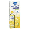 Lysi Omega-3 Lemon -pullo ja pakkaus, 240 ml kalaöljyä, valkoinen-sininen väritys, keltaisia sitruunakuvia; teksti "EPA 735 mg" ja "DHA 460 mg per annos", kiiltäväpinta, lihavoitu groteskiteksti