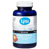 Lysi Omega-3 Tupla+ -pullo, sininen suorakaiteen muotoinen pullo valkoisella kierrekorkilla; teksti englanniksi ja islanniksi, Omega-3, EPA, D- ja E-vitamiini