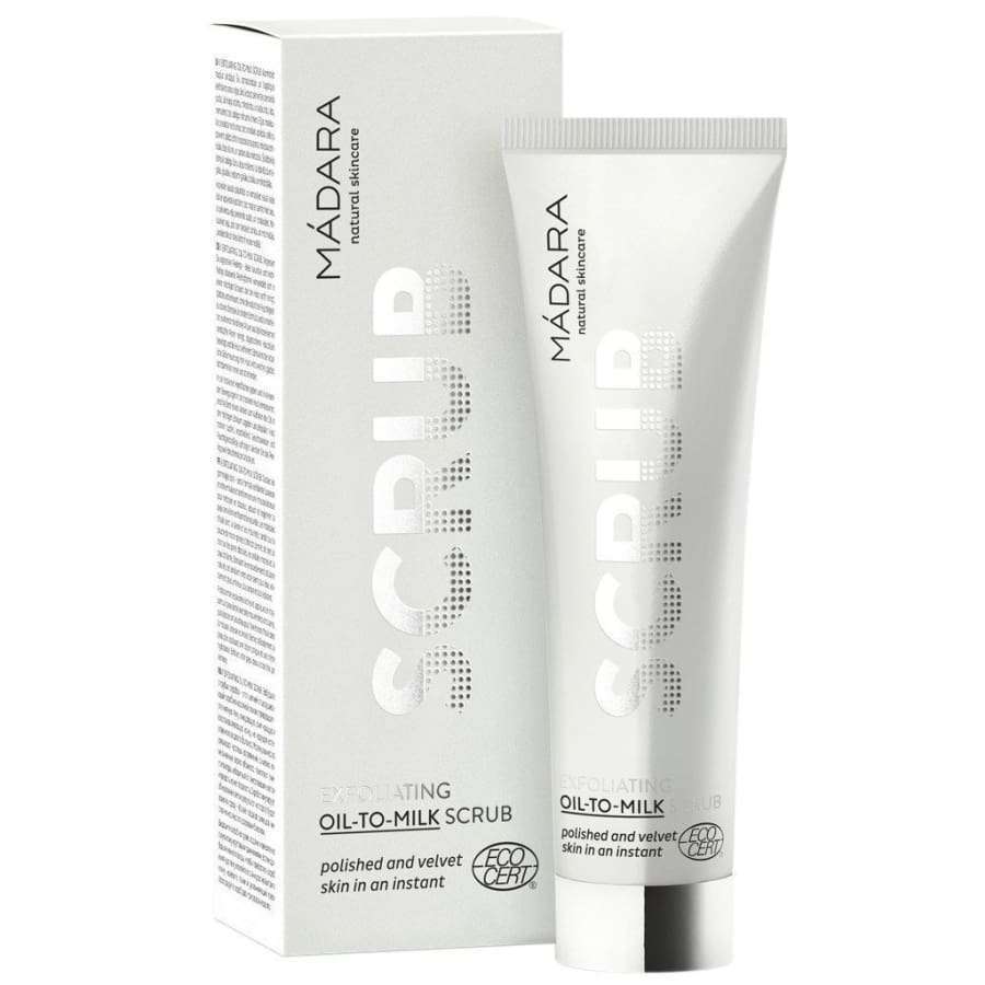 MÁDARA Exfoliating Scrub Kuorintavoide -tuubi ja pakkaus, valkoinen mattapinta, musta-harmaa teksti, ekosertifiointimerkit; nykyaikainen groteskiteksti, suorakulmainen muoto