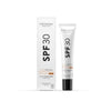 Madara Plant Stem Cell Age Defying SPF30 Aurinkovoide kasvoille -tuubi ja pakkaus, sävy Invisible Nude; laajakirjoinen suojaus kasviperäisen kantasoluteknologian avulla; sekä tuubi että laatikko beigeä väriä ja mustaa tekstausvapaata tekstiä; pakkauksen pinta mattamainen; suora tuotekuva valkoisella taustalla, ei ihmisiä tai rekvisiittaa näkyvissä.