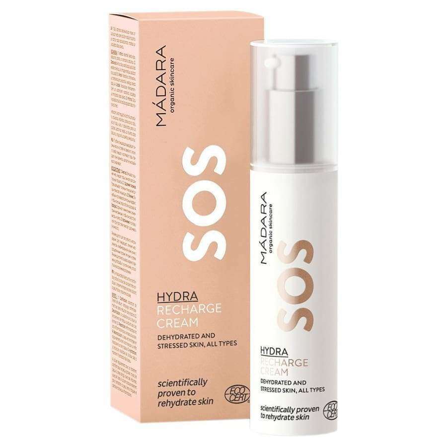 MÁDARA SOS Hydra Cream kasvovoide -pullo ja pakkaus, beige-valkoinen, mattapinta; pullo pumppuannostelijalla, pakkaus suorakulmainen, versaaligroteskiteksti "MÁDARA"